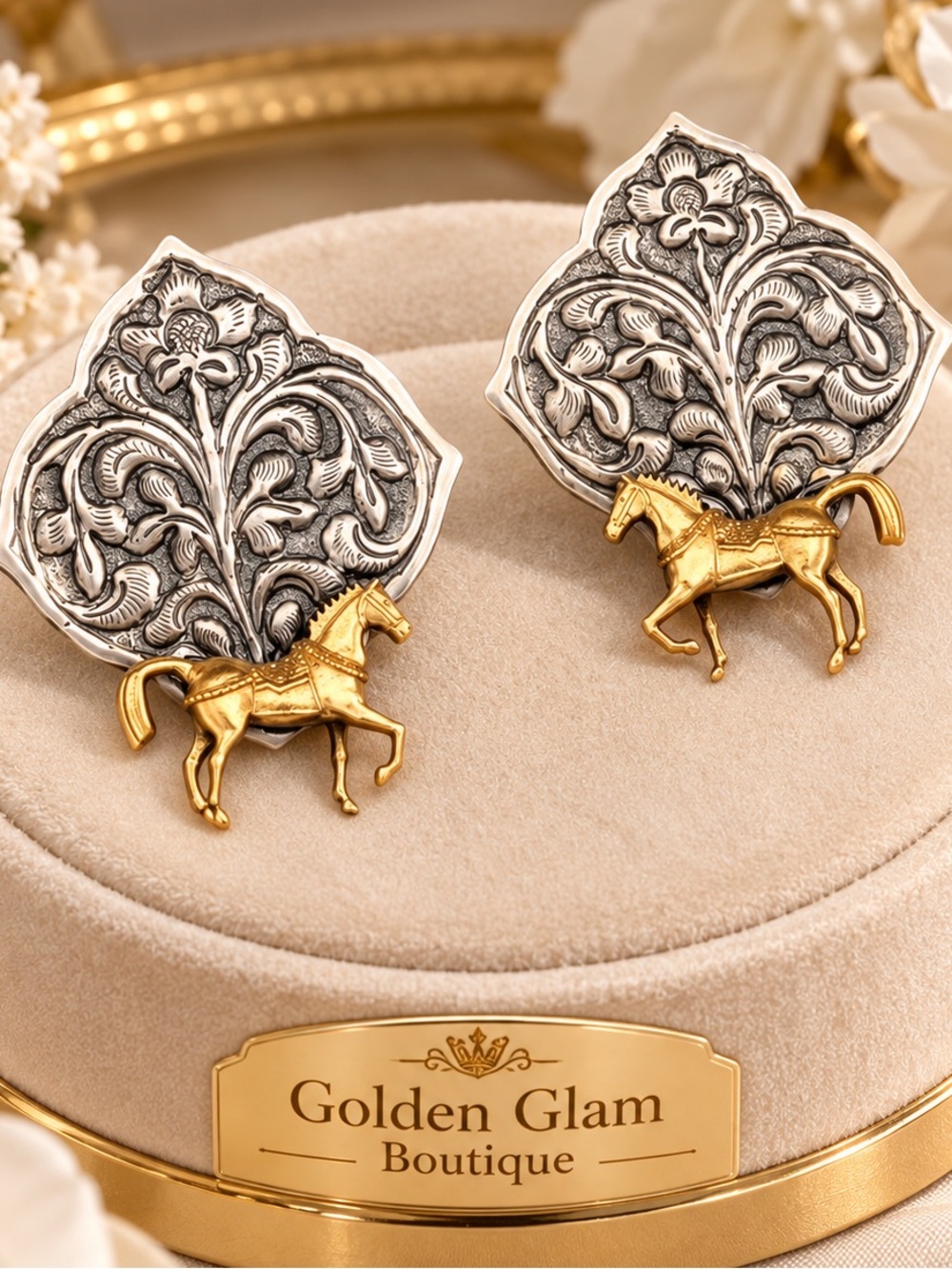 Vintage Two-Tone Gold Horse & Silver Floral Statement Earrings